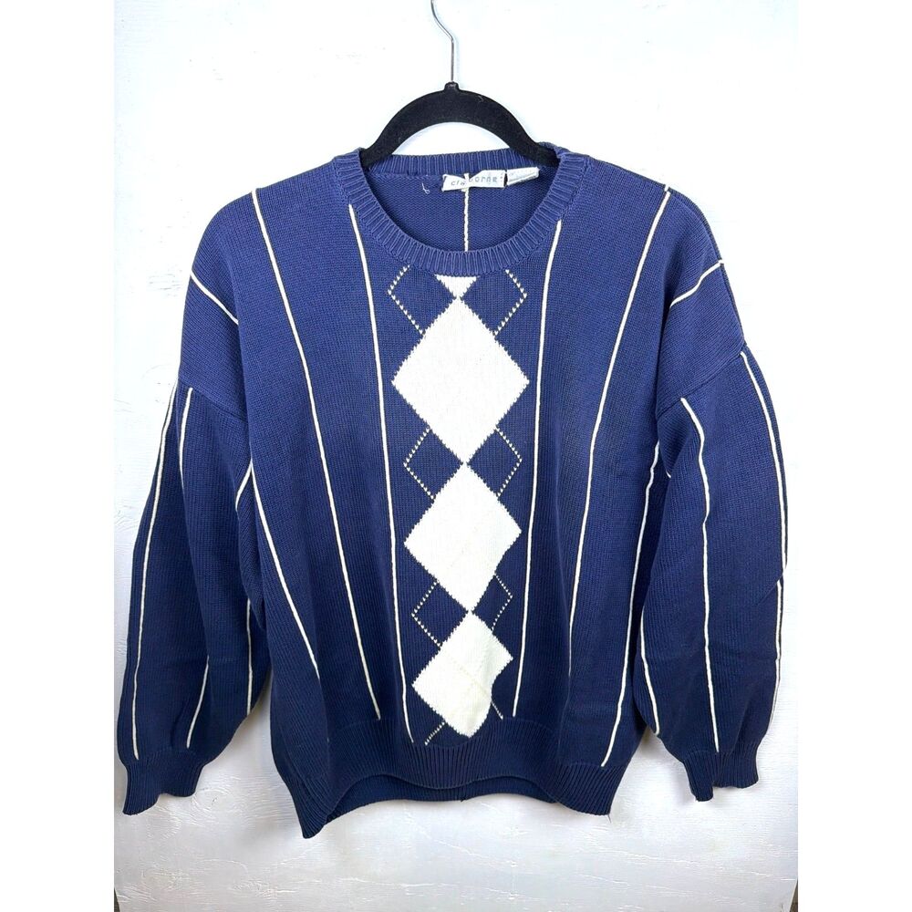 Vintage Claiborne 100% Cotton Argyle Stripe Crewneck Sweater‎ Mens L Navy 90s